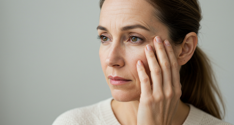 middle aged woman concerned about her wrinkles before treatment at apsaras aesthetic clinic