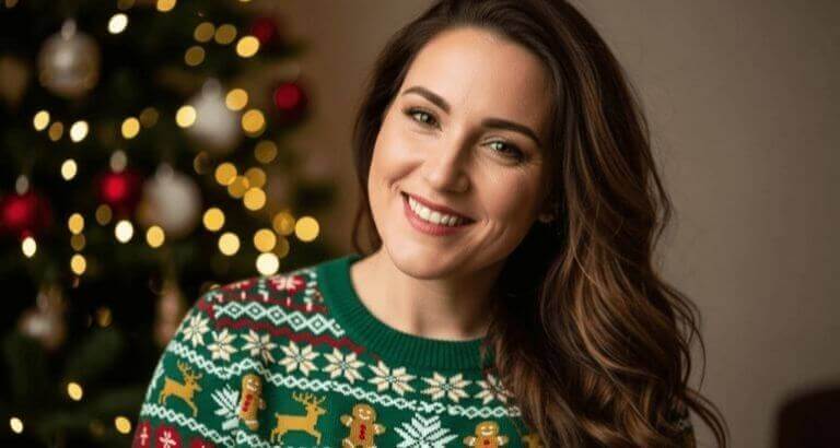 woman smiling at christmas in a festive jumper with clear skin