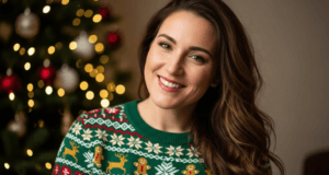 woman smiling at christmas in a festive jumper with clear skin